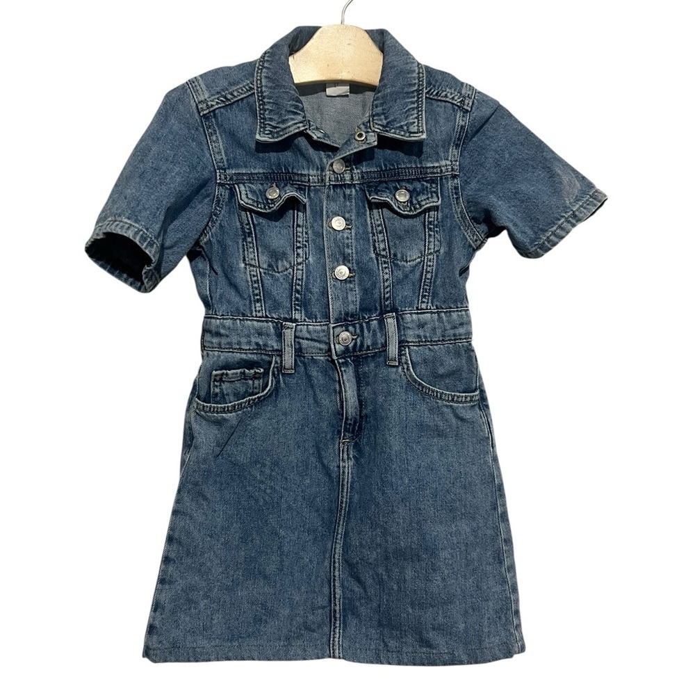 H&M Girls Blue Denim Dress Size 5 Snap Front Short Sleeves - Picture 4 of 7